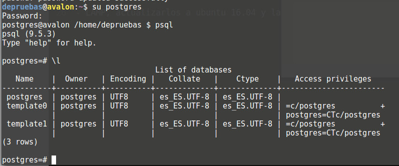 Listamos las bases de datos de postgreSQL