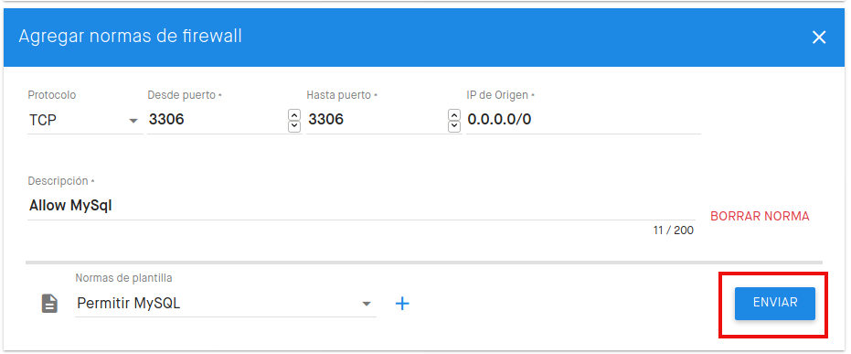 Crear reglas de firewall en clouding.io para MySql