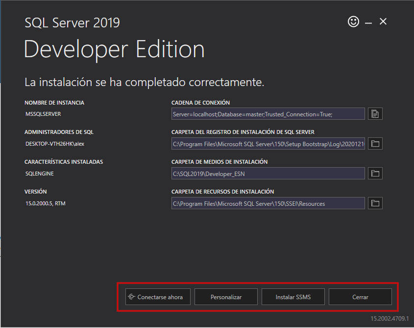 Pantalla de finalización de la instalación básica de SQL Server