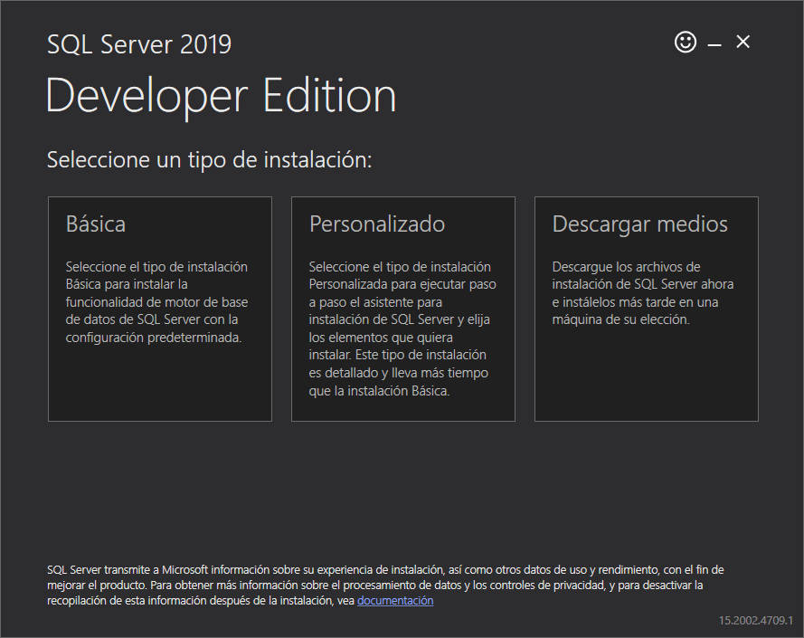 Pantalla de bienvenida a la instalación de SQL Server
