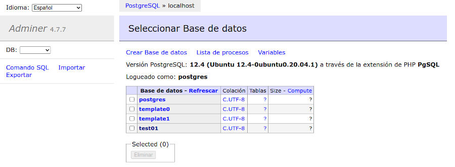 Listado de bases de datos en Adminer