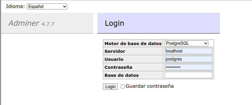 Pantalla de login de Adminer