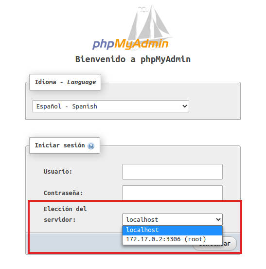 phpMyAdmin - página de inicio