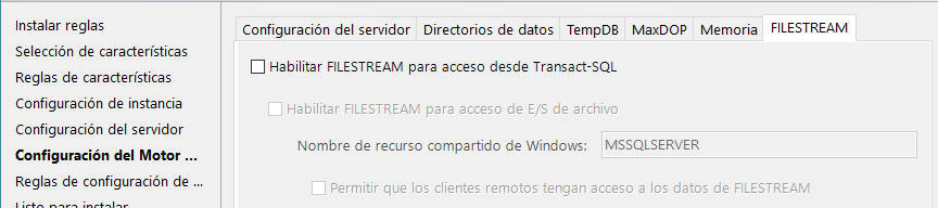 Instalación de SQL Server - Configuración del filestream para guardar datos no estructurados