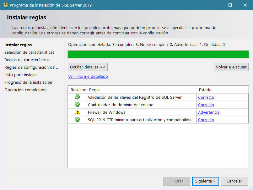 Instalación de SQL Server - Comprueba e instala las reglas necesarias para SQL Server