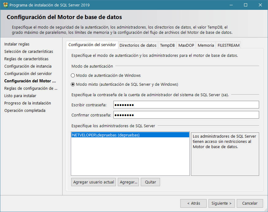 Instalación de SQL Server - Configuración del acceso al servidor SQL Server
