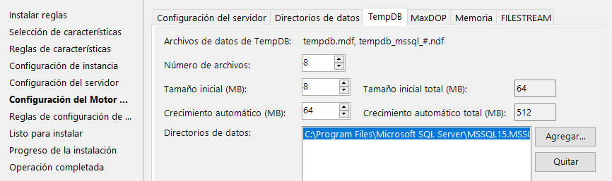 Instalación de SQL Server - Configuración de la tempDB para datos temporales